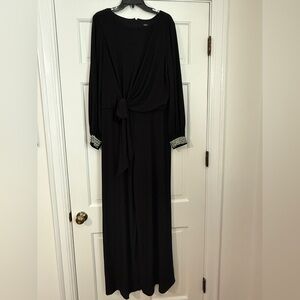 MSK Black Long-Sleeve Flowy Jumpsuit with Knot Front and Embellished Cuffs